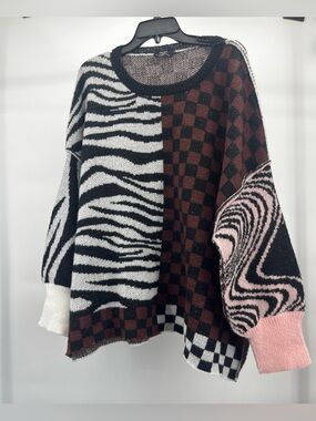 Dressed in LALA Mixed-Pattern Oversized Sweater Black, White, Brown, Pink Zebra